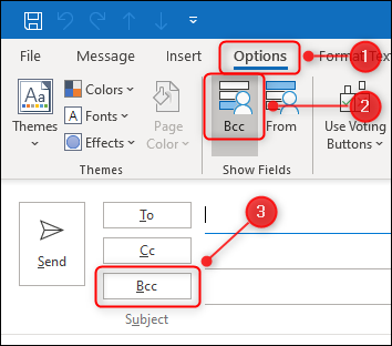 Outlook's BCC toggle button.