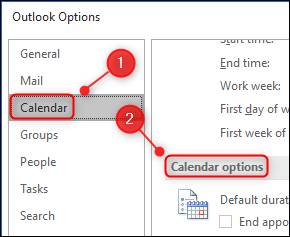 Outlook's Calendar options settings.