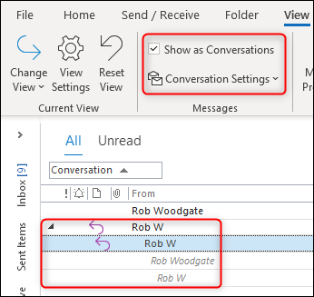 Outlook's Conversation View working correctly.