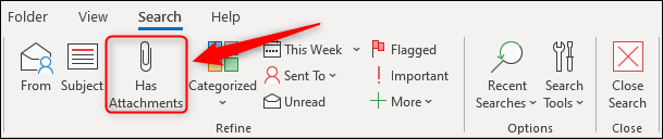 The Has Attachments option on the Search tab.