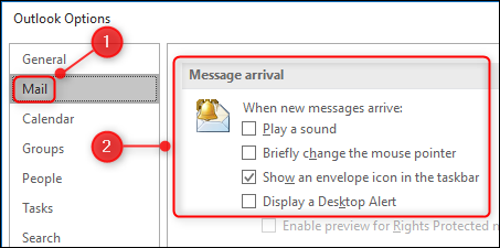 The Message arrival settings in the Options panel.