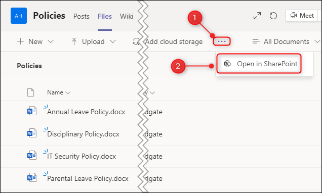 The Open in SharePoint menu option.