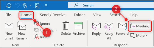 The Home tab of the ribbon with the Meeting button highlighted.