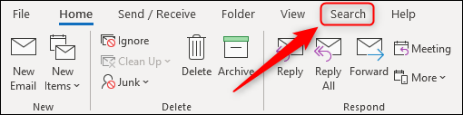 The Outlook ribbon with one Search tab.