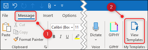 The View Templates button on the Message tab of a new email.