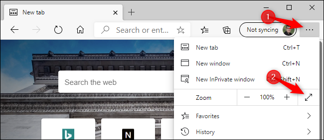 Enabling full-screen mode in the new Microsoft Edge with a mouse.