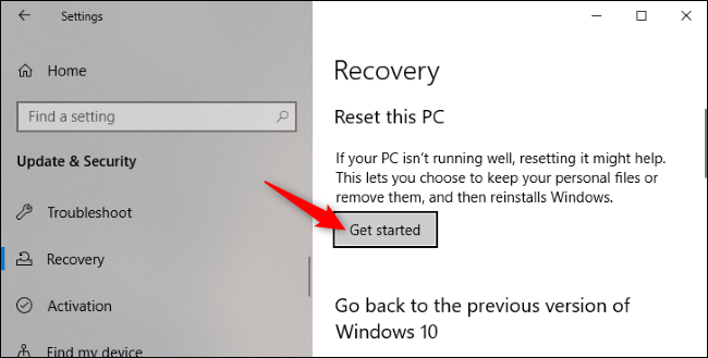 The Get Started button under Reset this PC in Windows 10's Settings application.