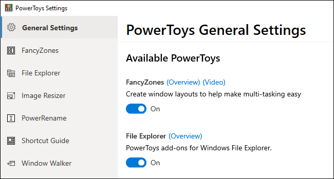 The PowerToys Settings window.