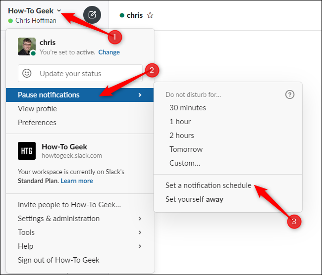 Accessing notification schedule options from Slack's menu.