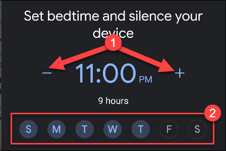 Tap the minus and plus signs to set the time you want your device silenced, and then tap the days of the week on which you want this to occur.