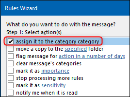 The assign to the category category option in the Rules Wizard.
