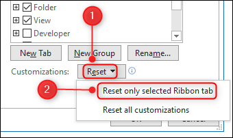 The Reset only selected Ribbon tab menu option.