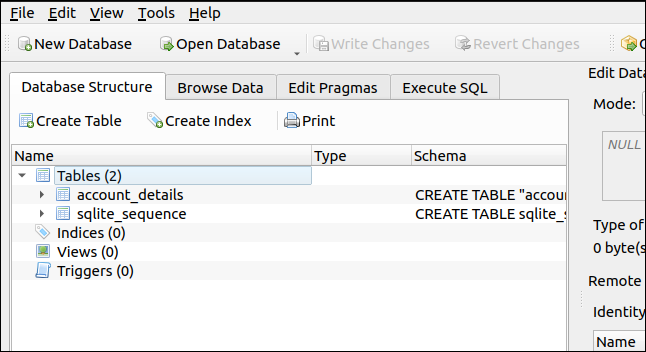 DB Browser for SQLite displaying the structure of the database