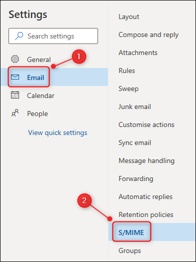 Outlook's Settings menu, with the S/MIME option highlighted.