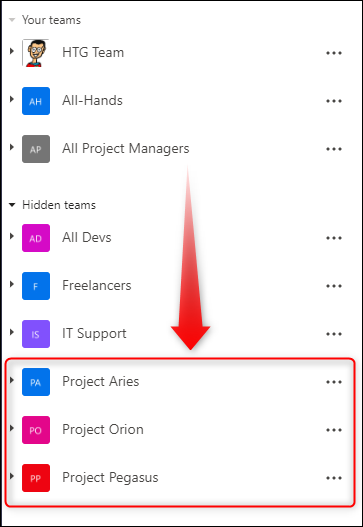 Teams moved into the Hidden teams section.