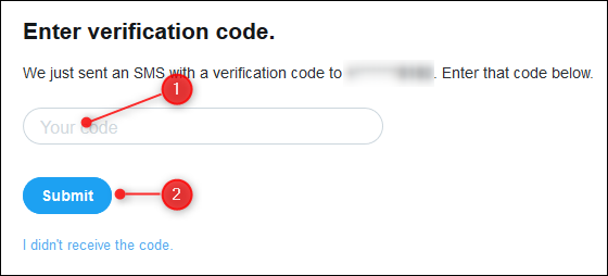 The textbox for entering the code Twitter sent you by SMS, and the Submit button.