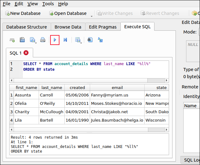 The Execute SQL tab in DB Browser for SQLite