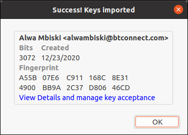 Imported key details dialog box