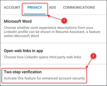 The Privacy tab, with the Two-step verification option highighted.