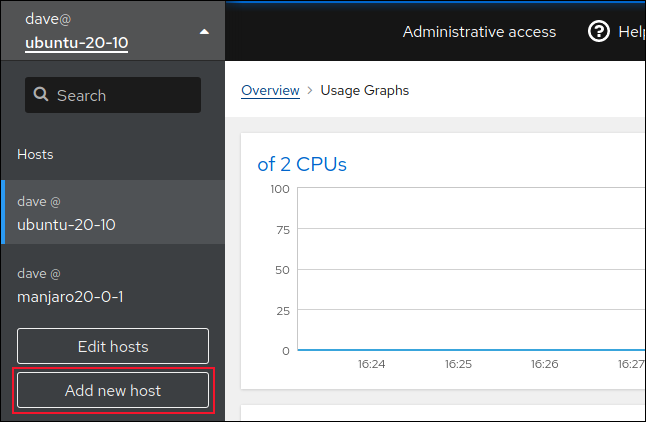 Add new hosts button in Cockpit in a browser window