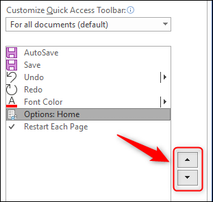 The arrow buttons for changing the position of toolbar commands.