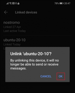 Confirming you want to unlink a device in the signal app