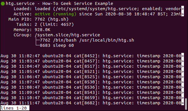 Status of htg.service in a terminal widnow