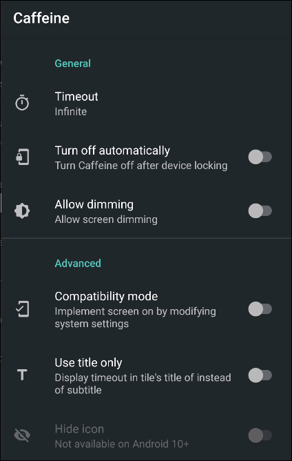 android caffeine settings
