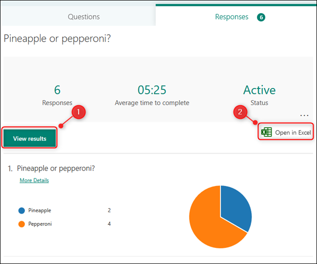 The View results and Open in Excel options in the responses tab.