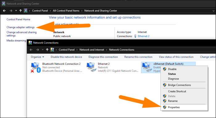 Click Change Adapter Settings, right-click the device for which you want to change the settings, and then click Properties.