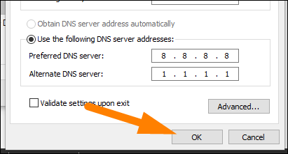 Type the DNS server addresses, and then click OK.