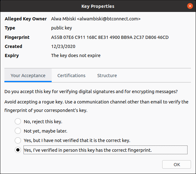 key proprties dialog box