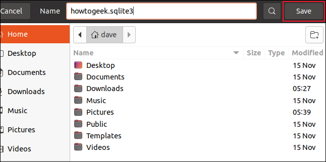 Save dialog with filename howtogeek.sqlite3 entered