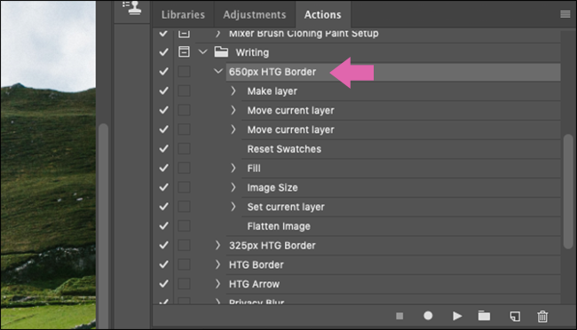 A 650px HTG Border action in the Photoshop Actions menu.