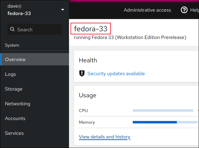 Monitoring the remote host in Cockpit in a browser window