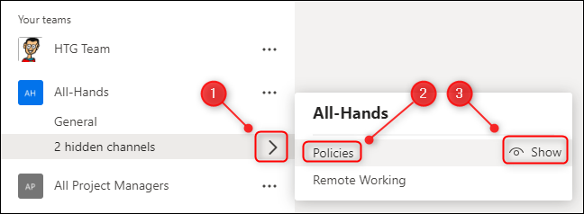 The hidden channels section with the option to show the hidden channel.