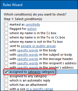 The assigned to category category option in the Rules Wizard.