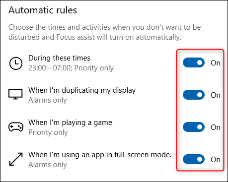 The Automatic rules section of Focus Assist.