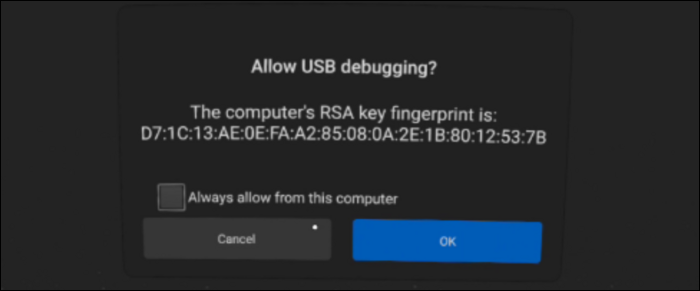 The Allow USB Debugging permission prompt. 
