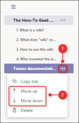 The Move up and Move down page menu options.