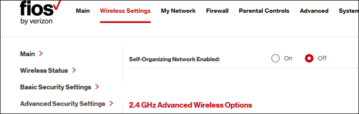 The Self-Organizing Network Enabled option on a Fios router.