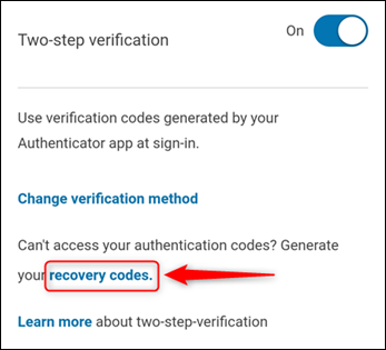 The Two-step verification settings, with recovery codes highlighted.
