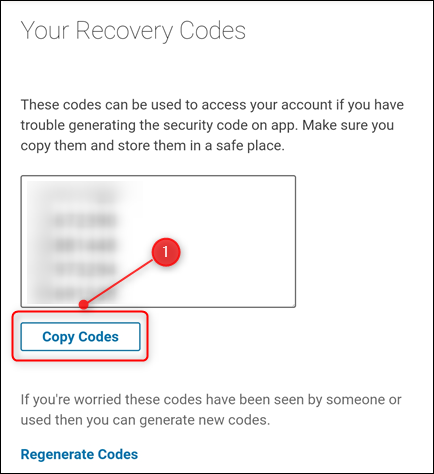 The recovery codes, with Copy Codes highlighted.