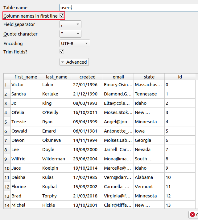 Data preview dialog showing the CSV data