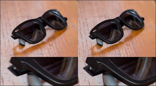 Four images of a pair of sunglasses on a table, two for which IS was used, and two when it was not. 