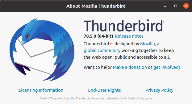 Thunderbird's help about dialog box