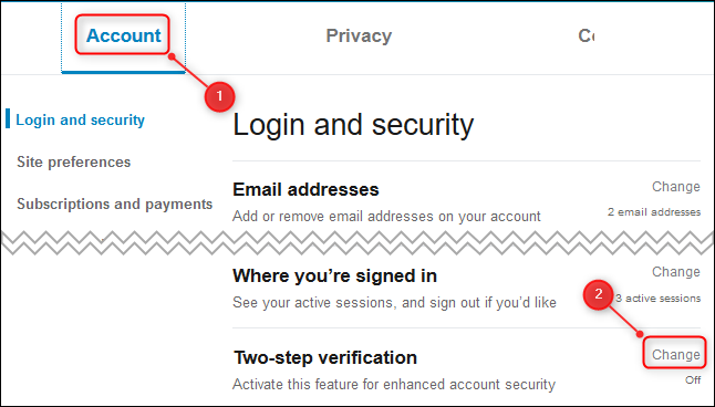 The Account tab, and the Two-step verification option.