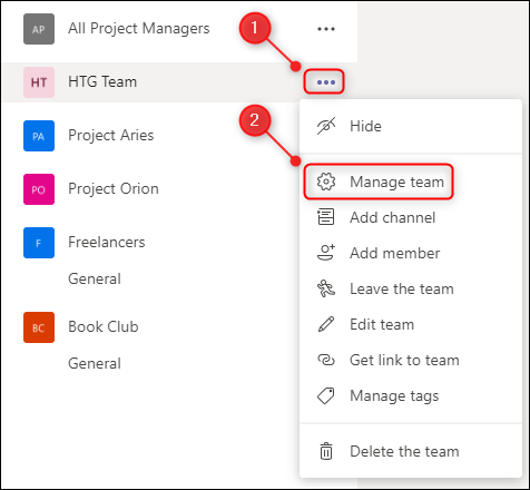 The team menu with Manage team highlighted.