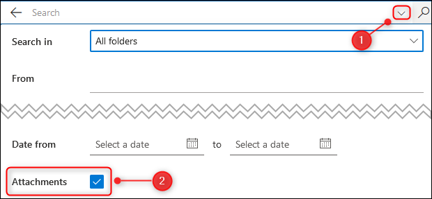 The Attachments checkbox on the Search filter.