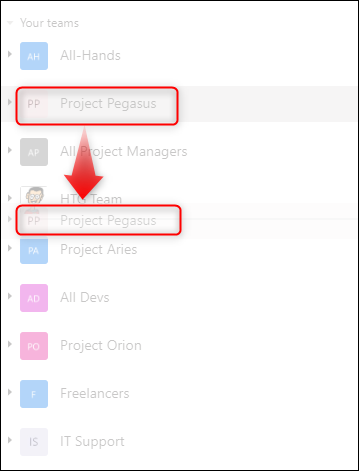A team being dragged to a different place in the sidebar.